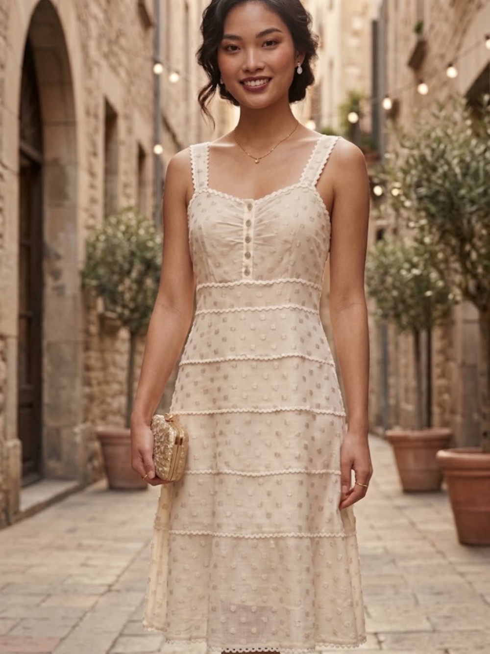 Tory Burch 100% Silk Ivory Tiered Clip-Dot Peplum Babydoll Dress 0